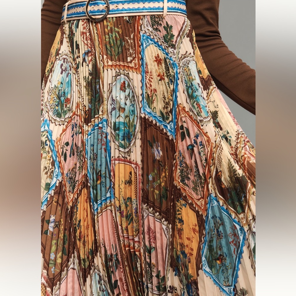 NWT Anthropologie Ranna Gill Pleated Midi Skirt Bird and Floral Print XL - Picture 3 of 11